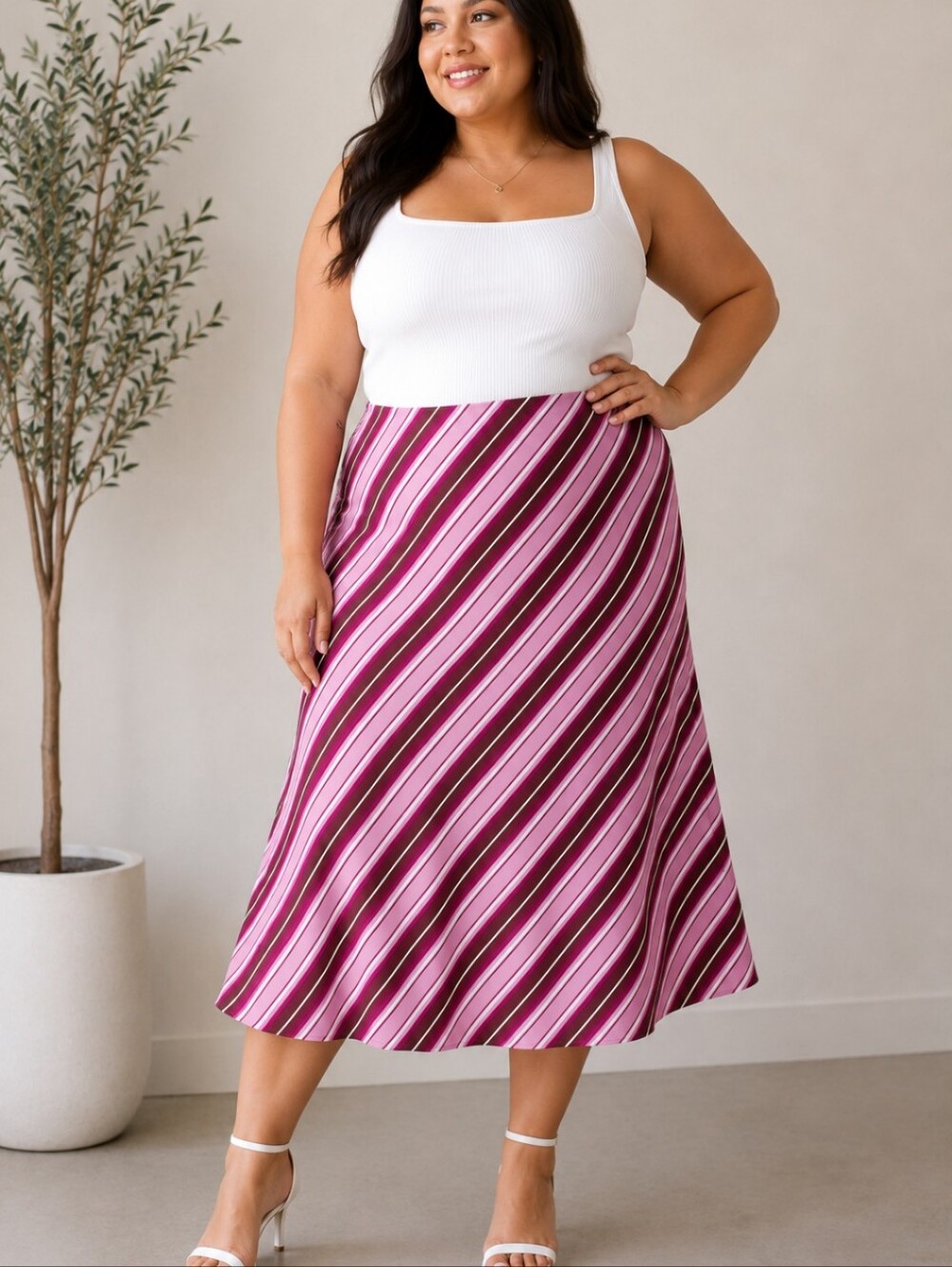 NWT! Leith Striped Bias Cut Pull On Striped Pink Midi Skirt